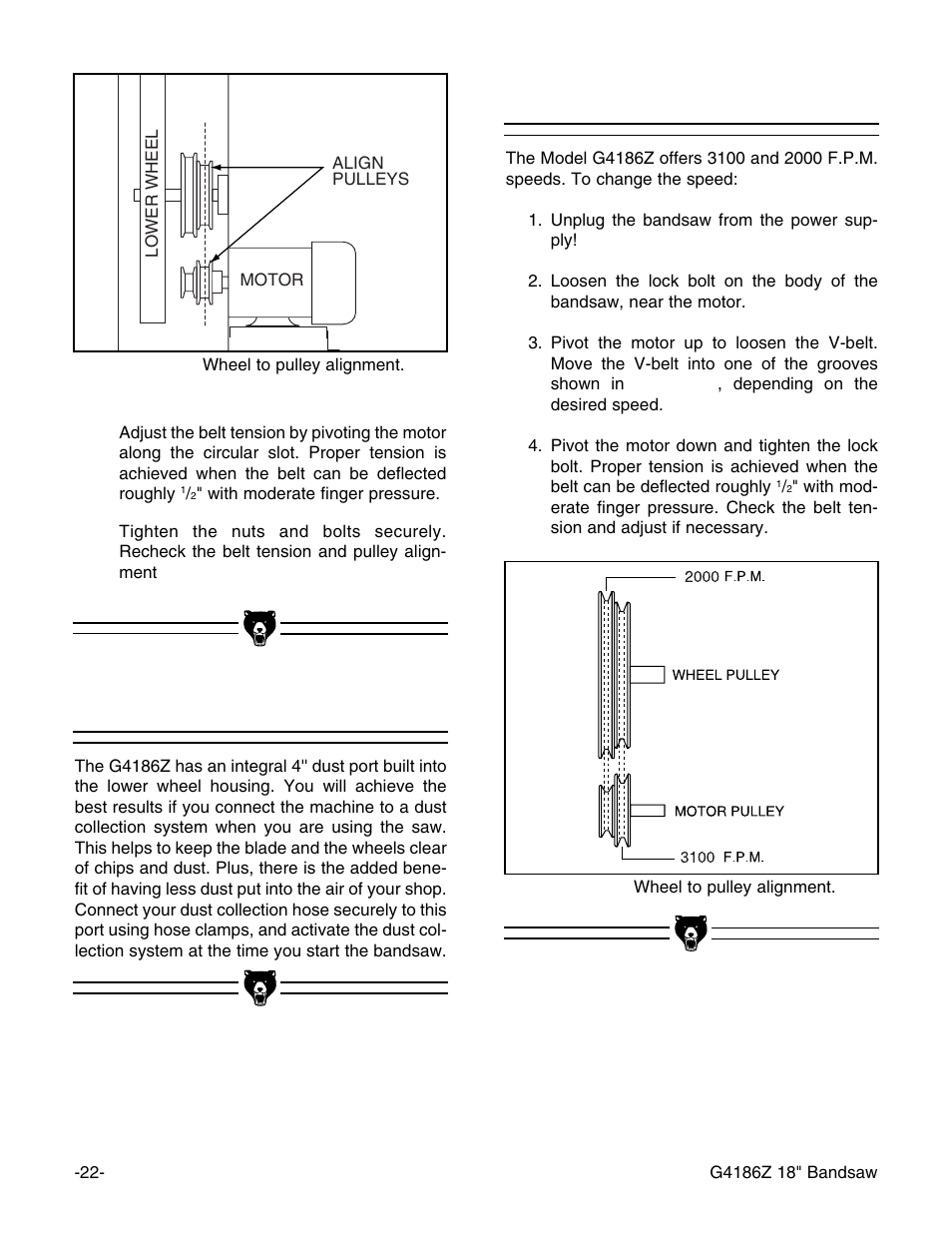 Dust collection, Changing speeds | Grizzly G4186Z User Manual | Page 24 / 48