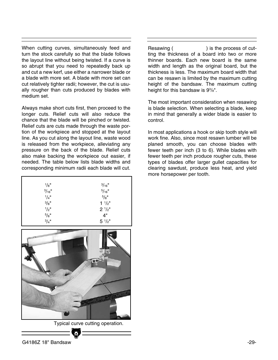 Cutting curves, Resawing | Grizzly G4186Z User Manual | Page 31 / 48