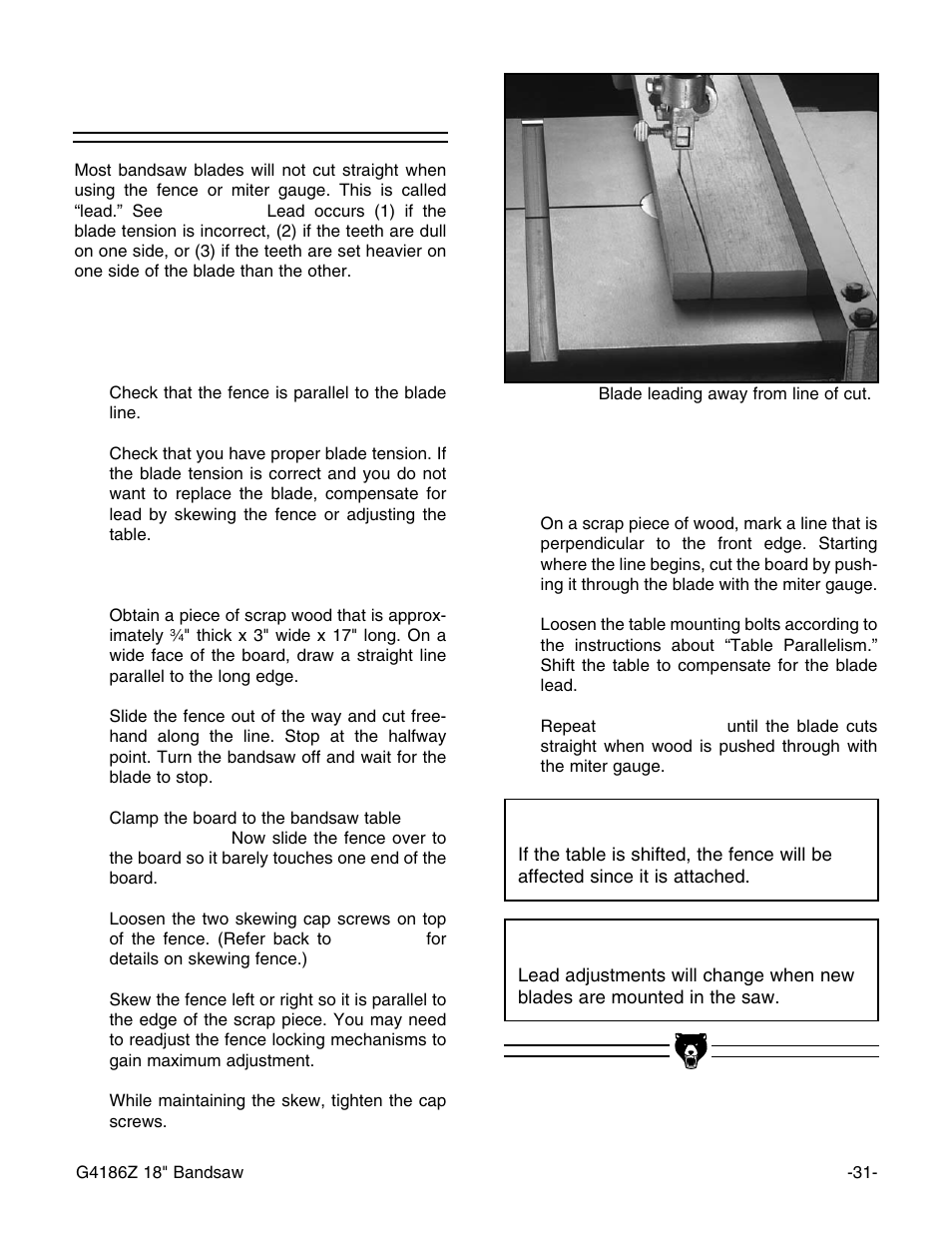 Blade lead, Notice | Grizzly G4186Z User Manual | Page 33 / 48