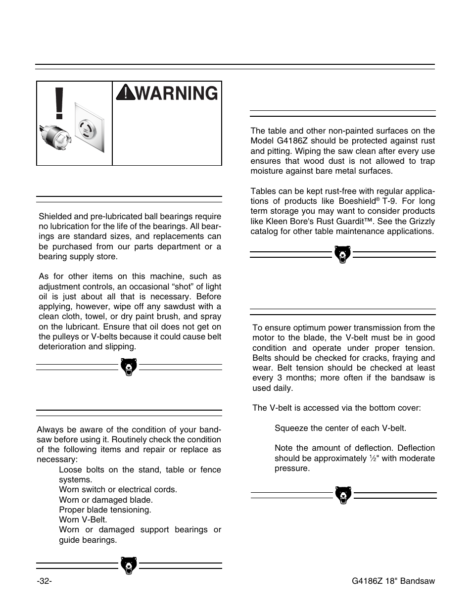 Lubrication, Miscellaneous, V-belts | Table | Grizzly G4186Z User Manual | Page 34 / 48
