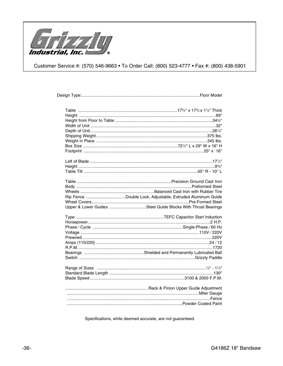 Machine data sheet, Grizzly model g4186z bandsaw | Grizzly G4186Z User Manual | Page 38 / 48