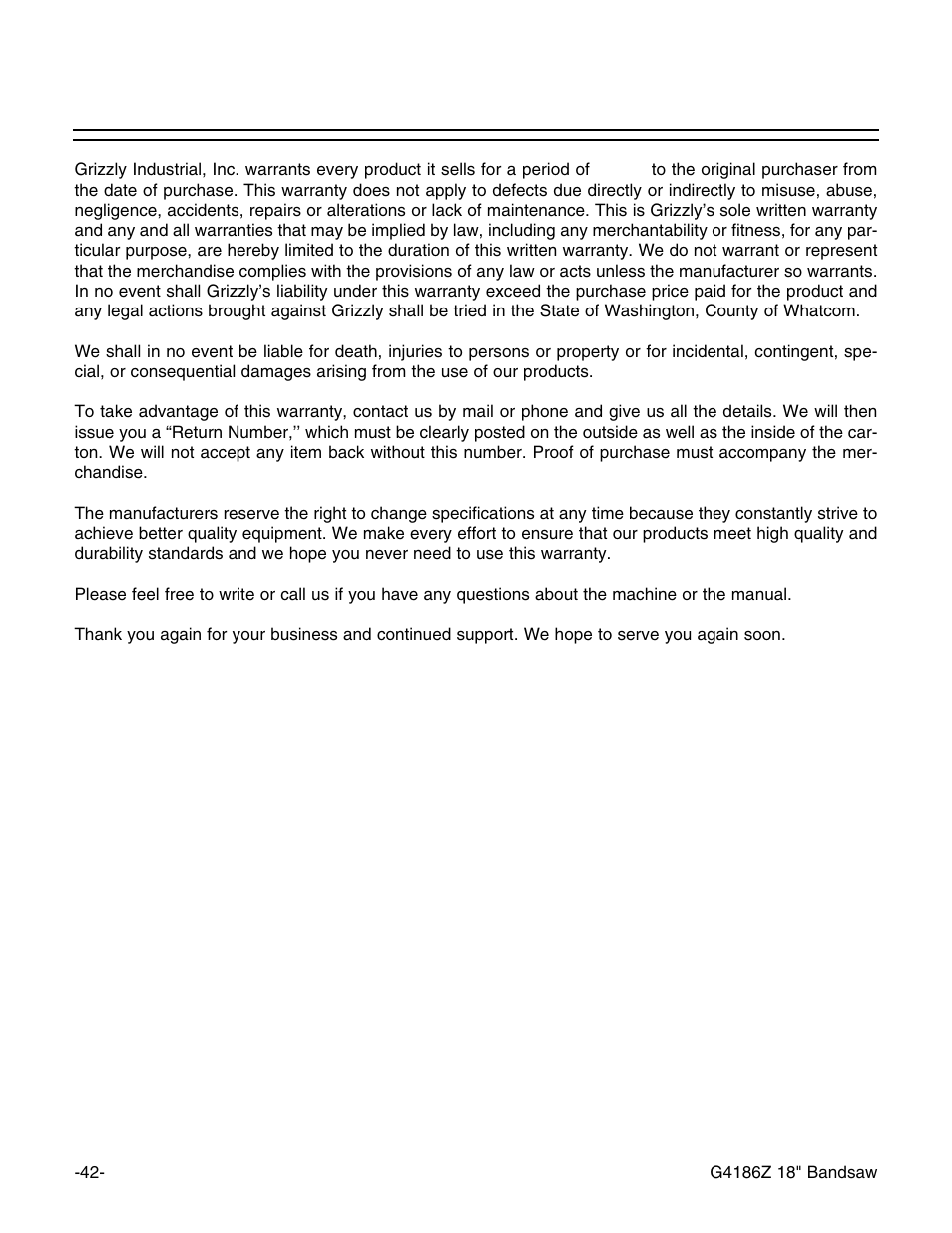 Warranty and returns | Grizzly G4186Z User Manual | Page 44 / 48