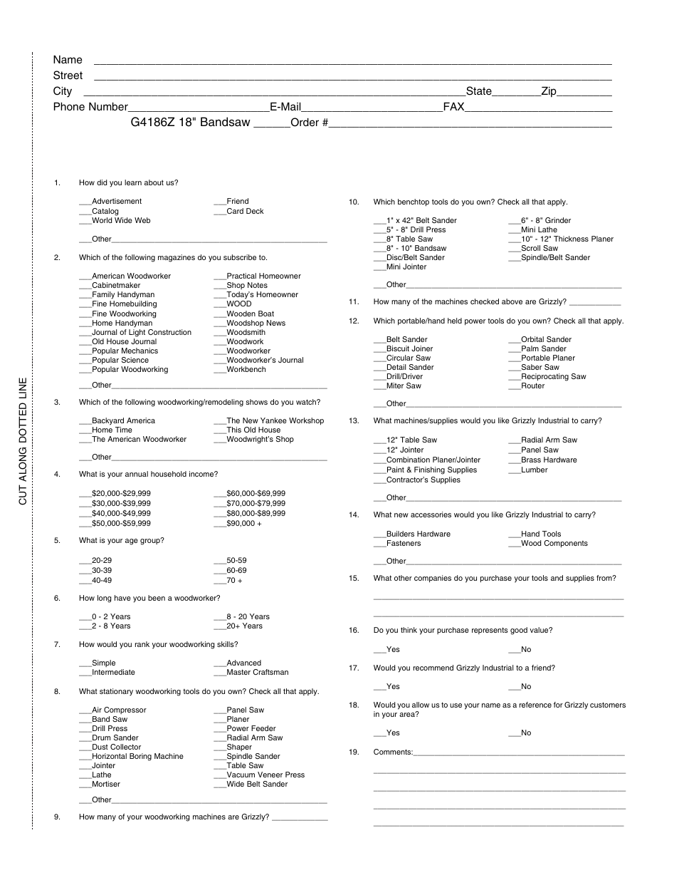 Warranty card, Order, Cut along dotted line | Grizzly G4186Z User Manual | Page 45 / 48