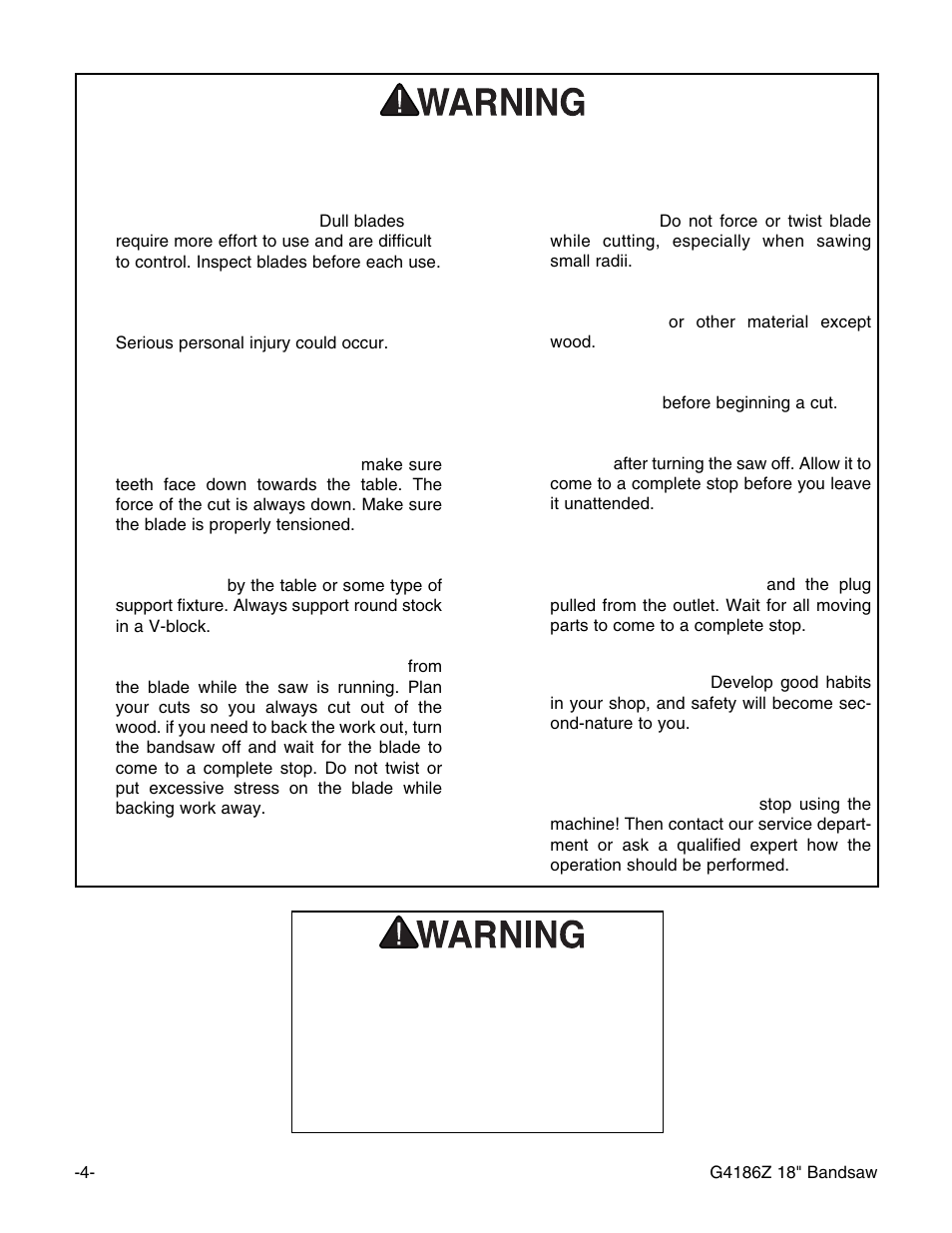 Additional safety instructions for bandsaws | Grizzly G4186Z User Manual | Page 6 / 48
