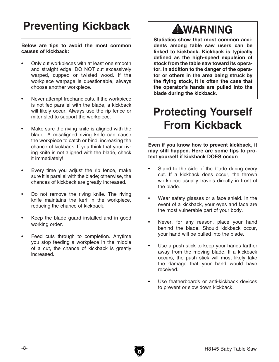 Preventing kickback, Protecting yourself from kickback | Grizzly H8145 User Manual | Page 10 / 36
