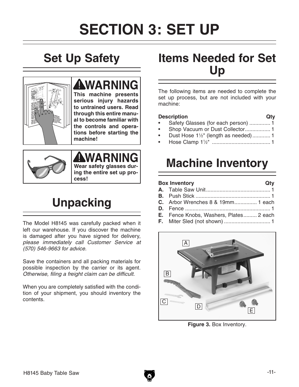 Set up safety, Items needed for set up, Unpacking machine inventory | Grizzly H8145 User Manual | Page 13 / 36