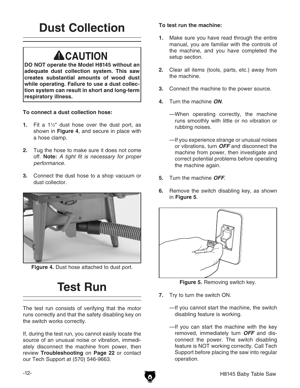 Dust collection, Test run | Grizzly H8145 User Manual | Page 14 / 36
