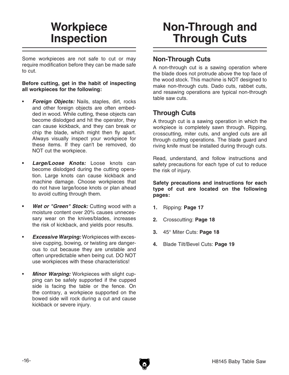 Non-through and through cuts, Workpiece inspection | Grizzly H8145 User Manual | Page 18 / 36