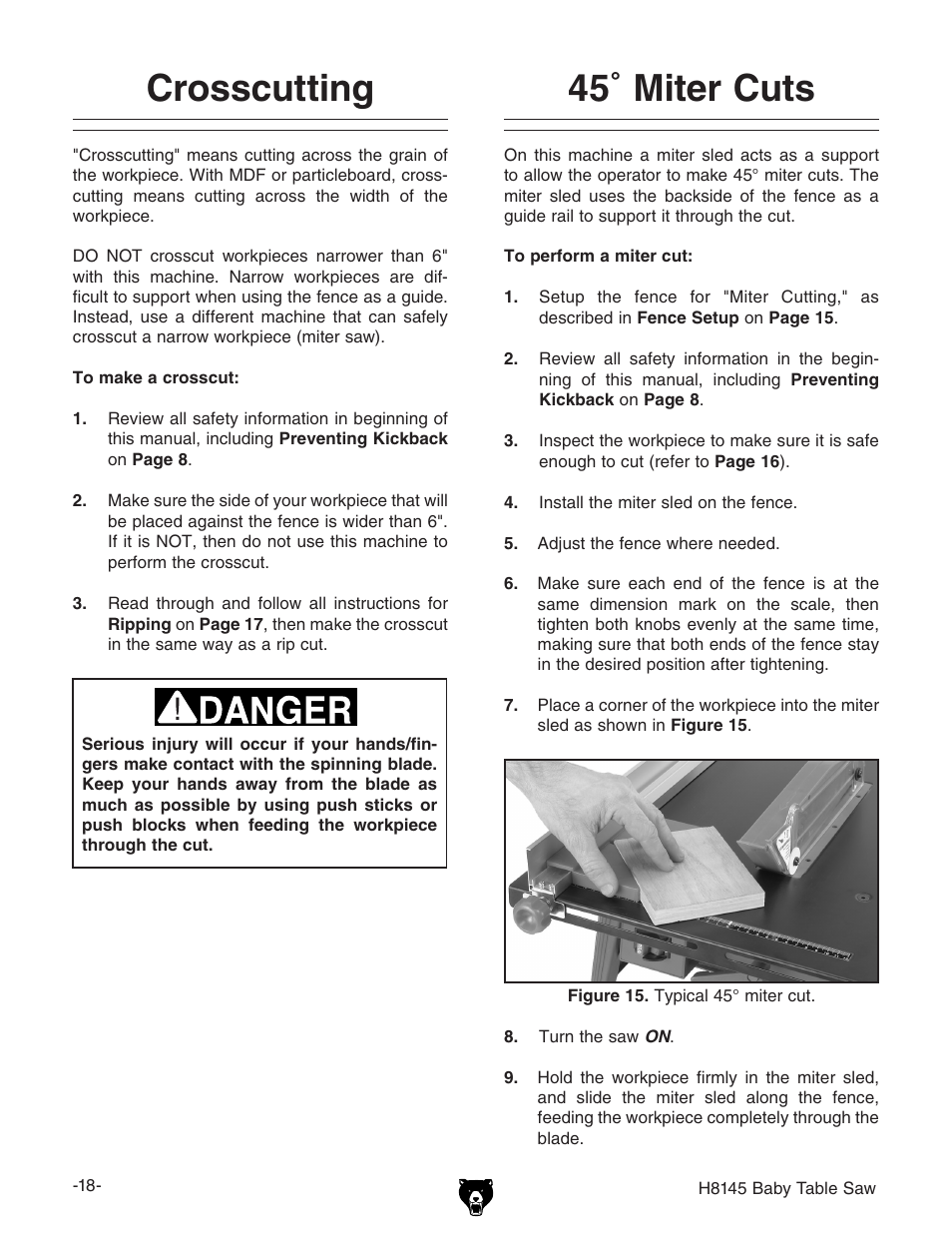 Crosscutting, 45˚ miter cuts | Grizzly H8145 User Manual | Page 20 / 36