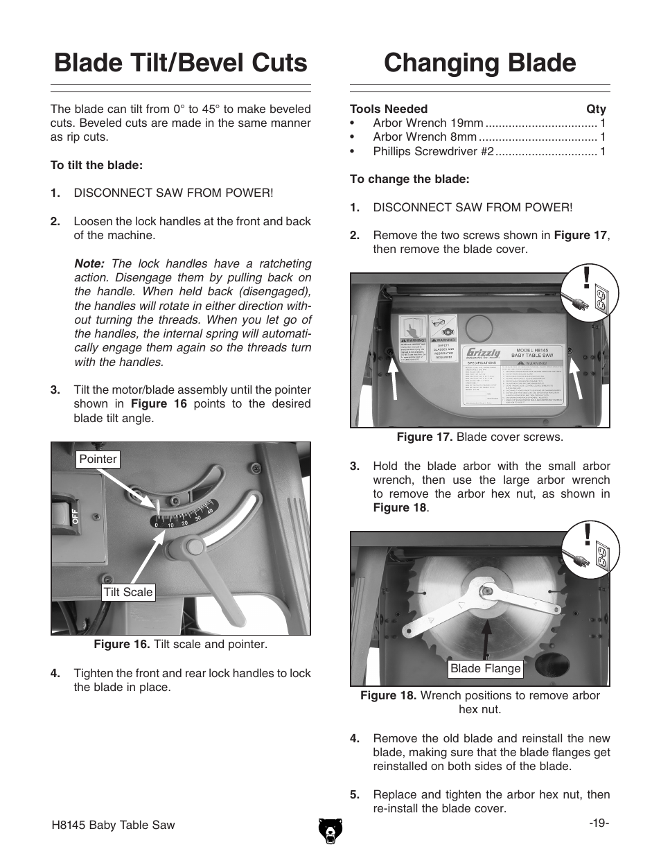 Blade tilt/bevel cuts, Changing blade | Grizzly H8145 User Manual | Page 21 / 36