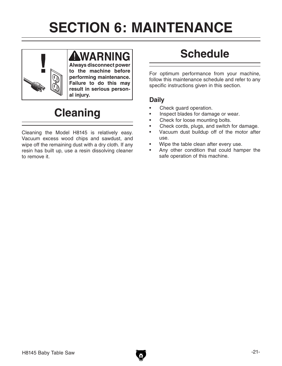 Cleaning, Schedule | Grizzly H8145 User Manual | Page 23 / 36