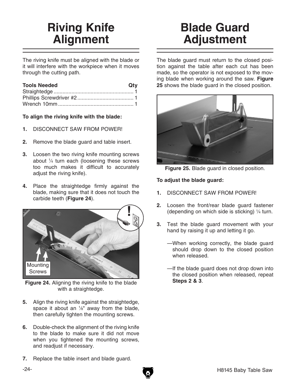Riving knife alignment, Blade guard adjustment | Grizzly H8145 User Manual | Page 26 / 36