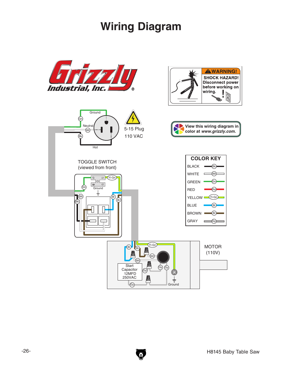 Wiring diagram, H8145 baby table saw | Grizzly H8145 User Manual | Page 28 / 36
