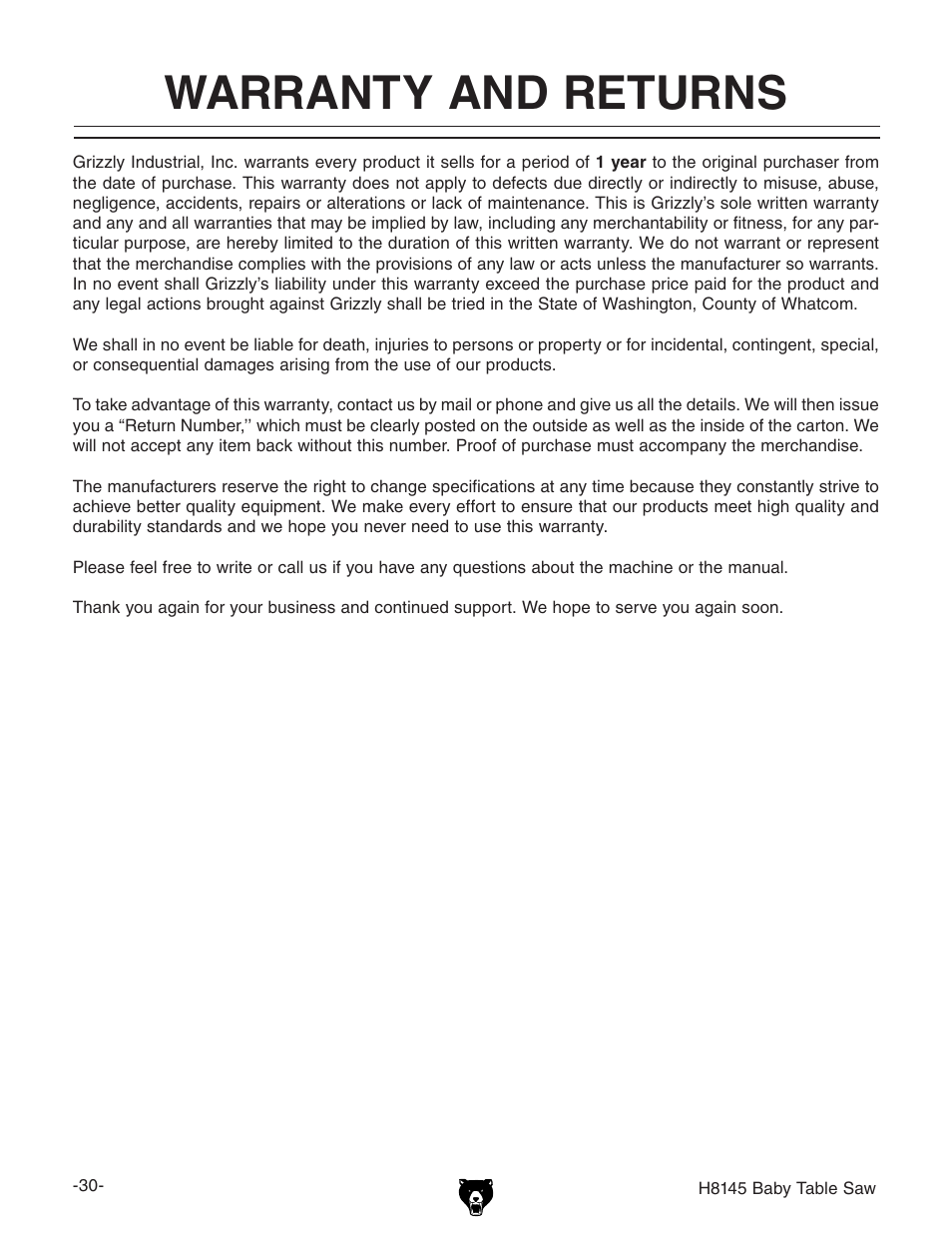 Warranty and returns | Grizzly H8145 User Manual | Page 32 / 36