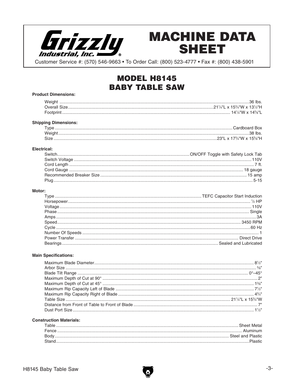Machine data sheet | Grizzly H8145 User Manual | Page 5 / 36