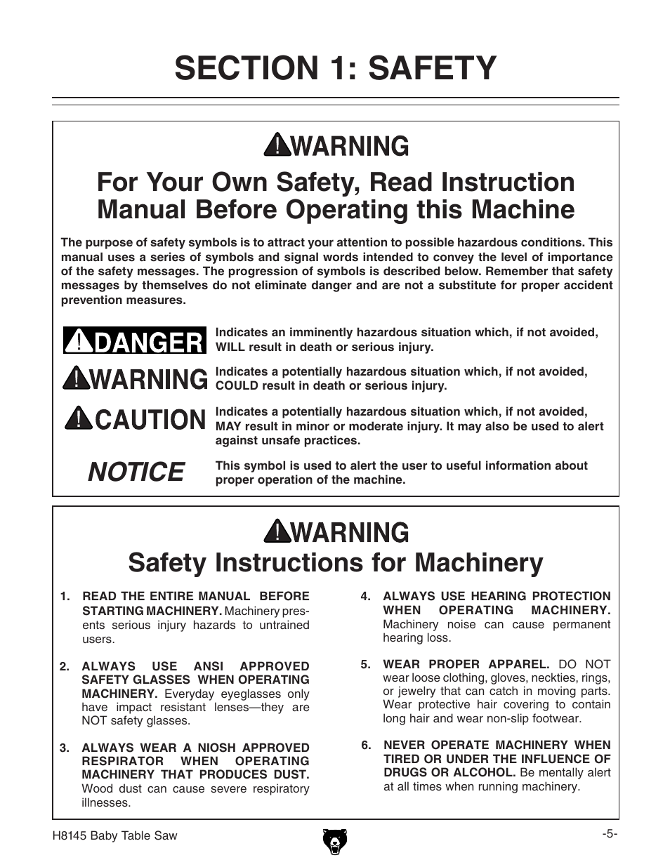 Safety instructions for machinery | Grizzly H8145 User Manual | Page 7 / 36