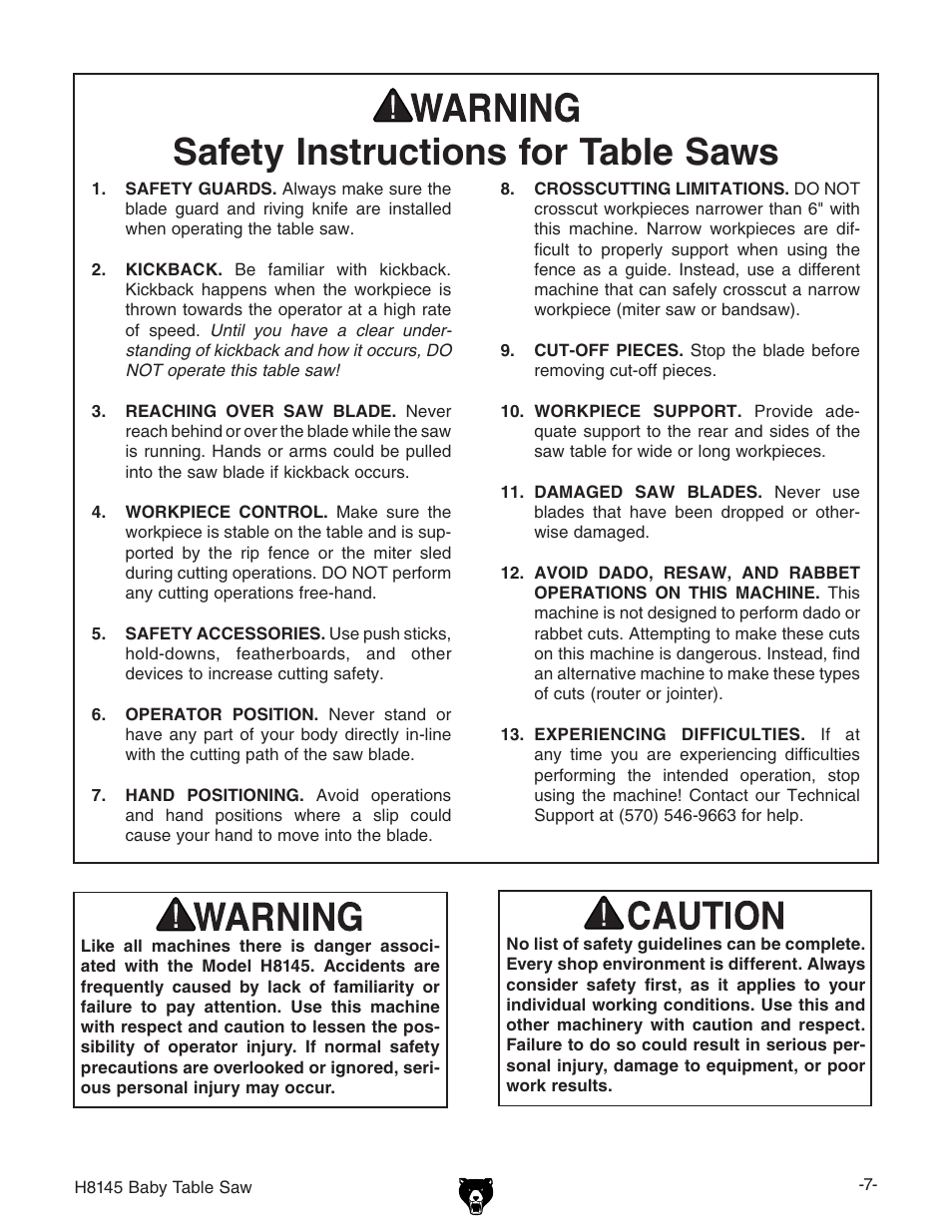 Safety instructions for table saws | Grizzly H8145 User Manual | Page 9 / 36
