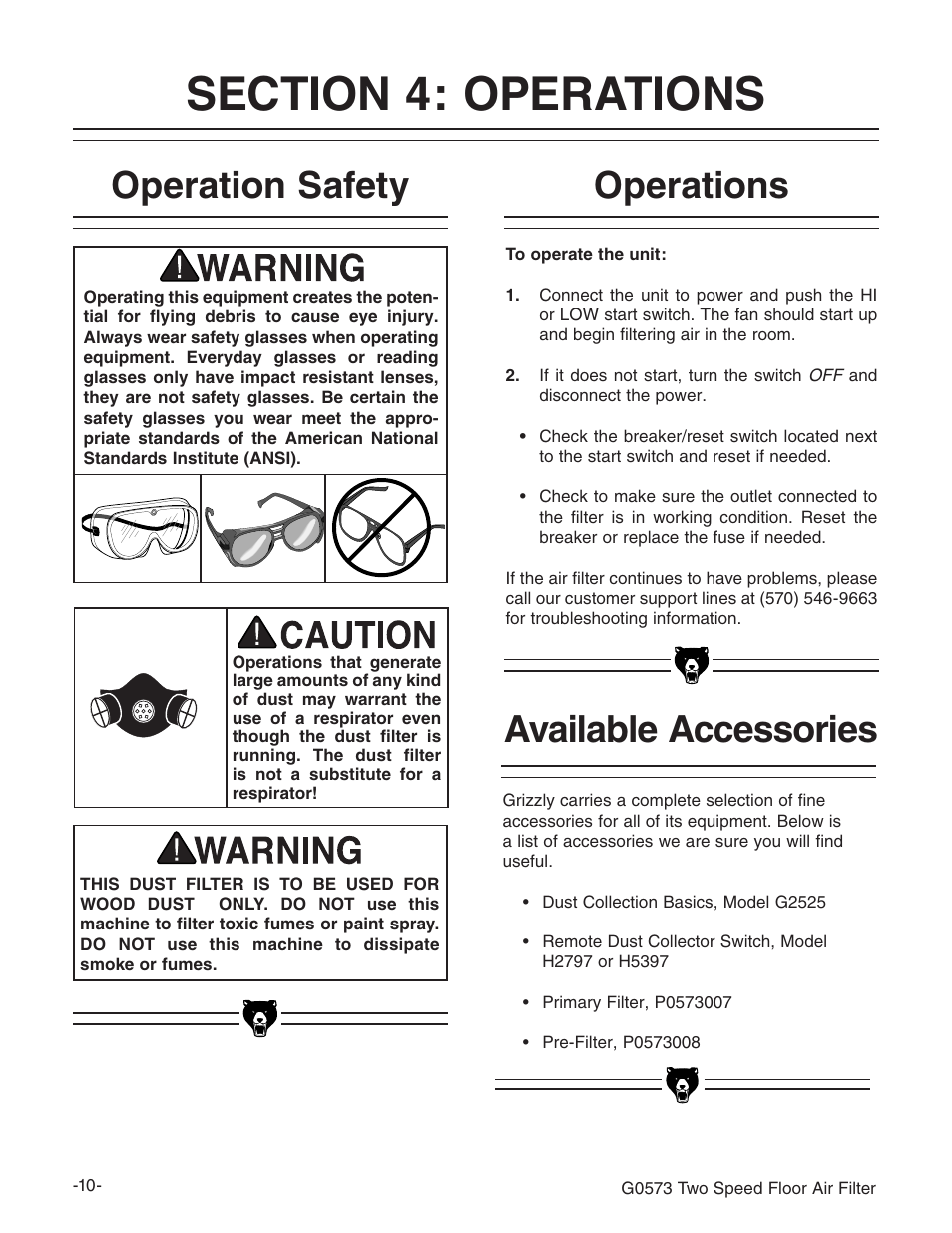 Operations operation safety, Available accessories | Grizzly G0573 User Manual | Page 12 / 24