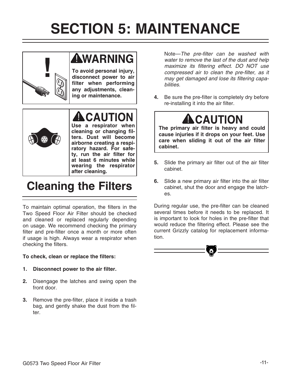 Cleaning the filters | Grizzly G0573 User Manual | Page 13 / 24