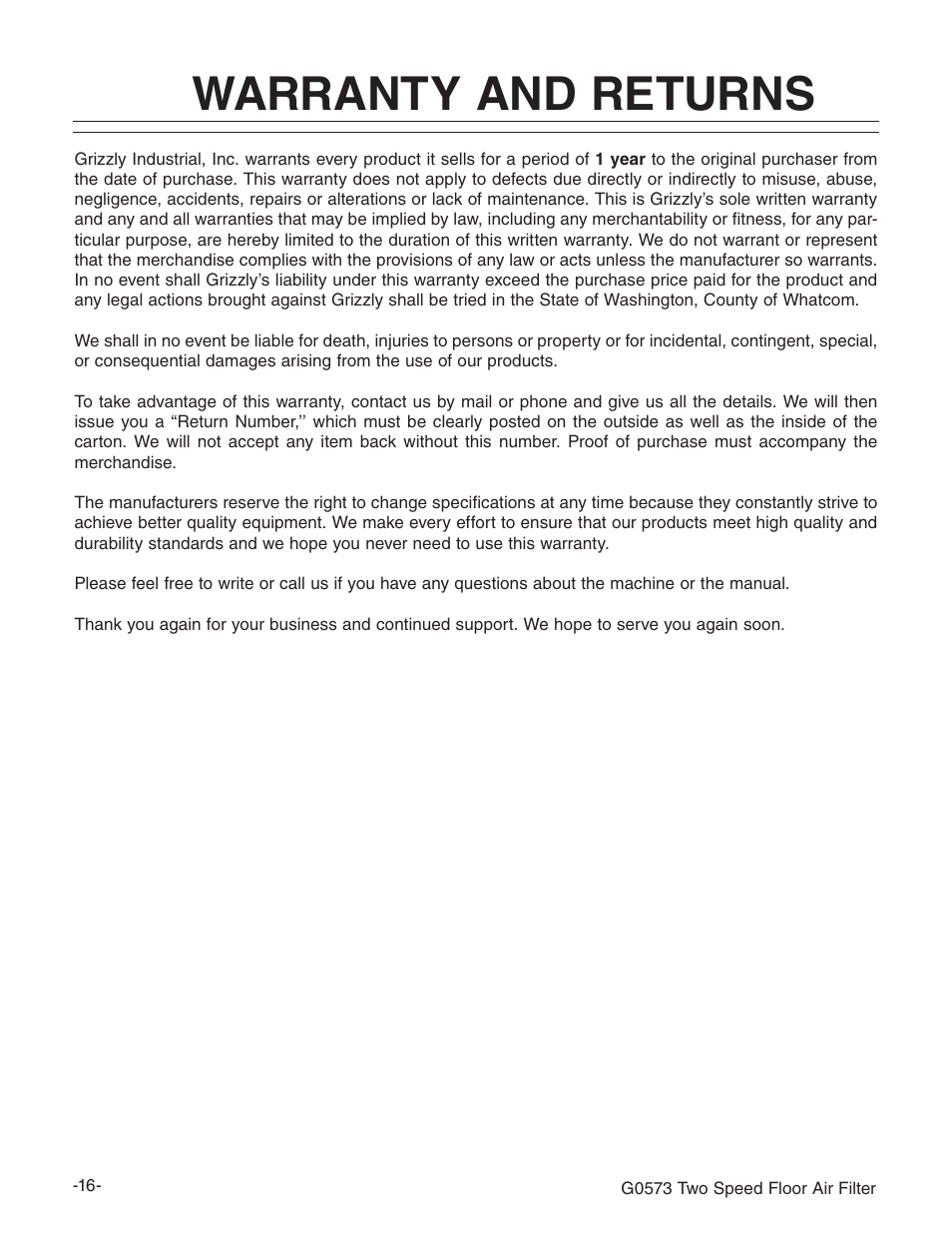 Warranty and returns | Grizzly G0573 User Manual | Page 18 / 24