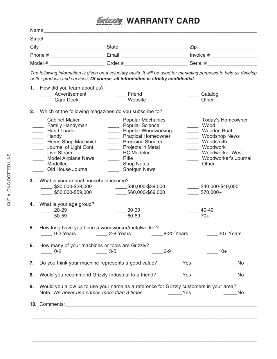 Warranty card | Grizzly G0573 User Manual | Page 19 / 24