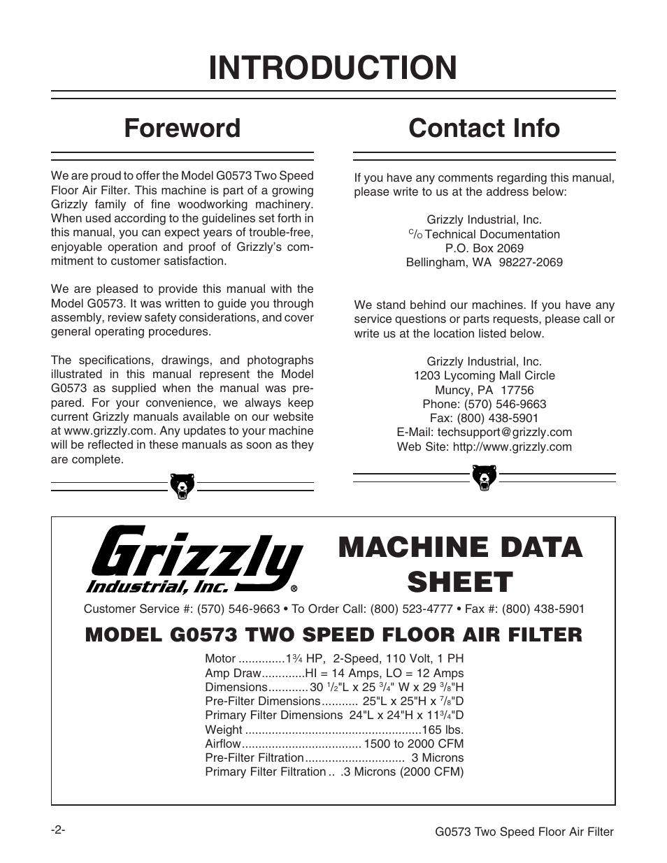 Introduction, Machine data sheet, Foreword | Contact info, Model g0573 two speed floor air filter | Grizzly G0573 User Manual | Page 4 / 24