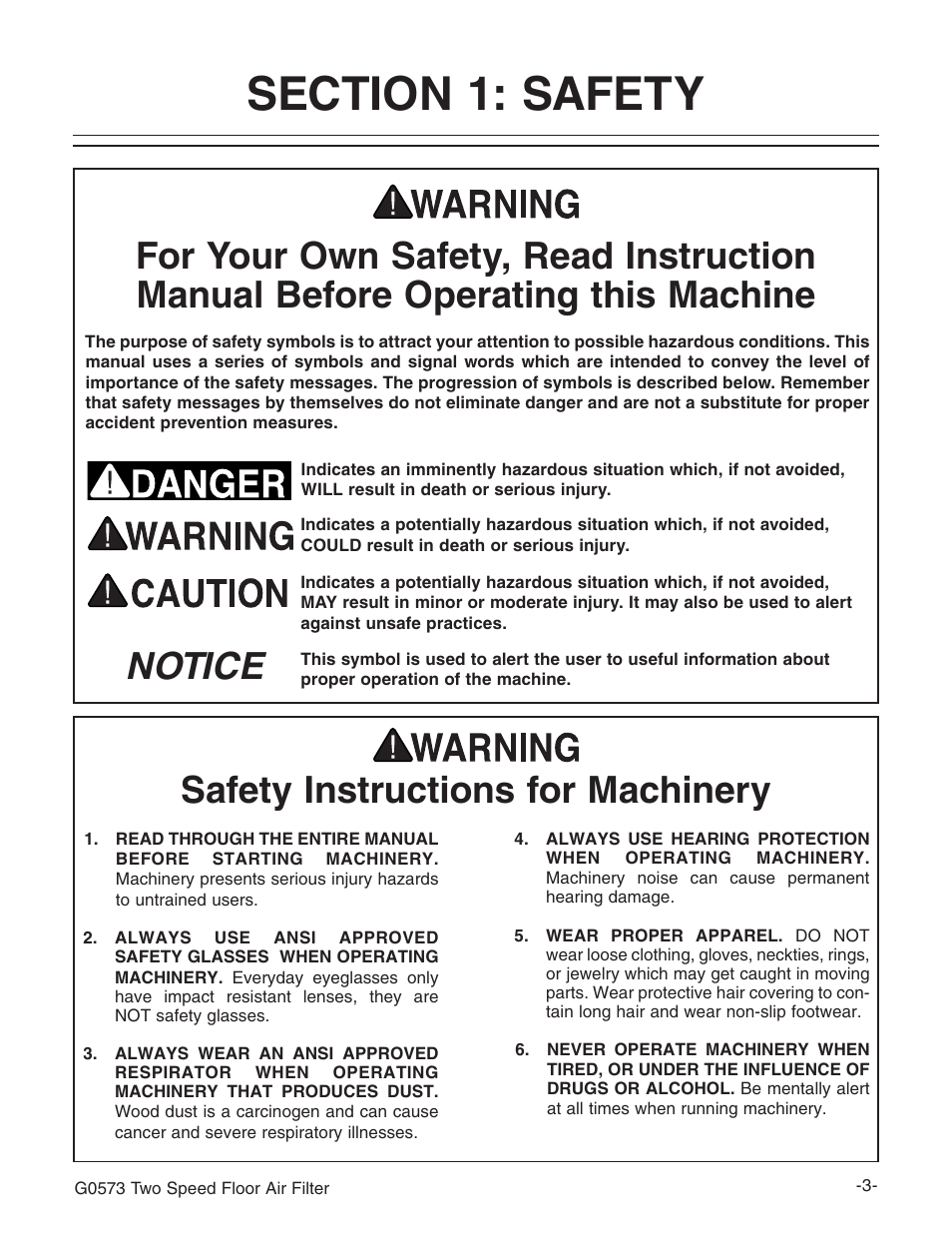 Notice safety instructions for machinery | Grizzly G0573 User Manual | Page 5 / 24