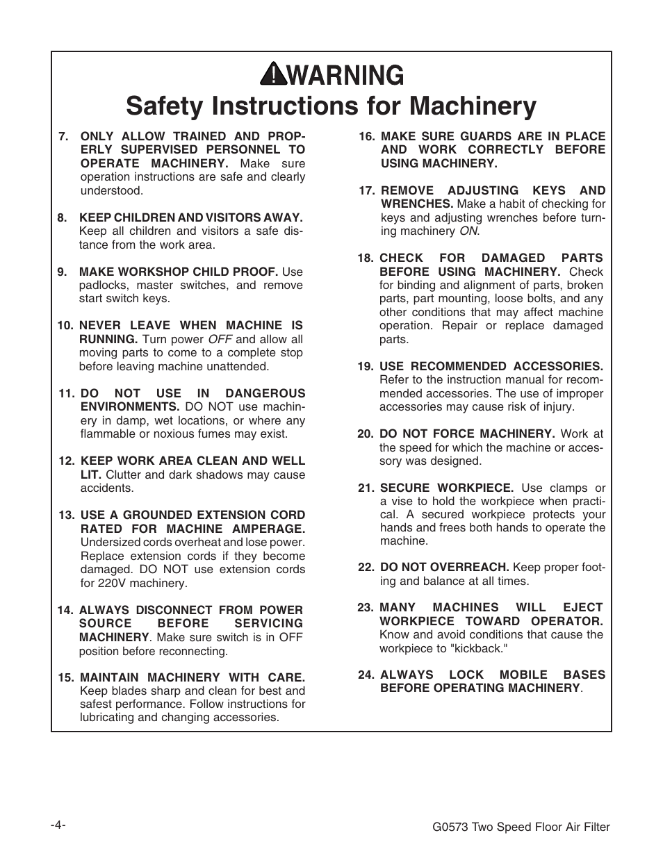 Safety instructions for machinery | Grizzly G0573 User Manual | Page 6 / 24