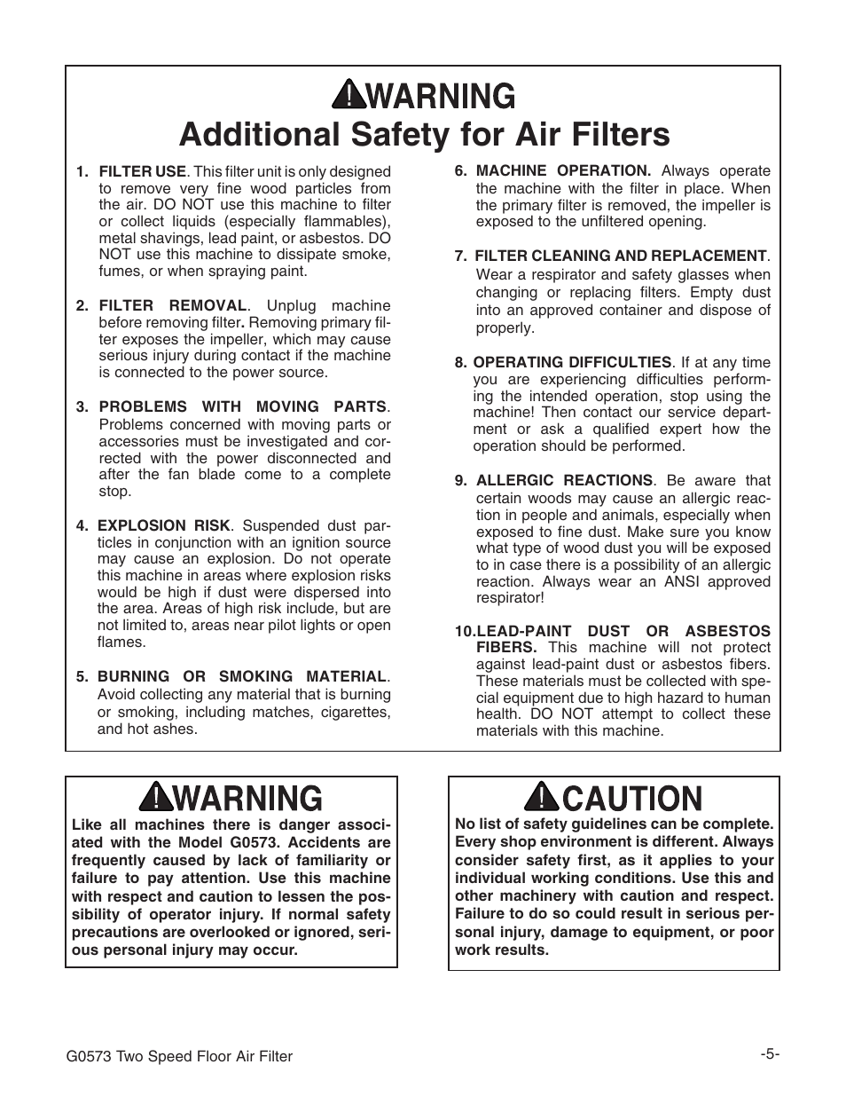 Additional safety for air filters | Grizzly G0573 User Manual | Page 7 / 24