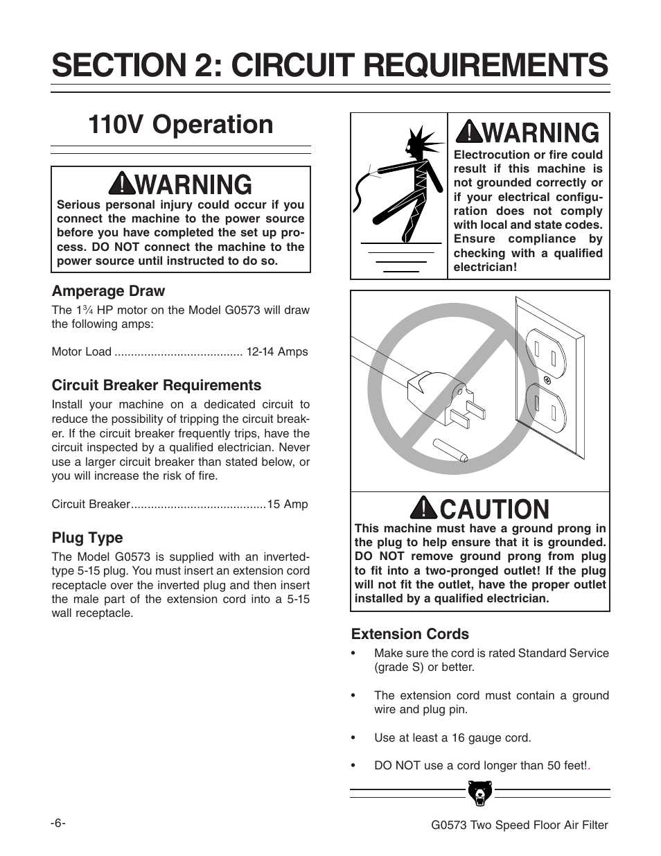 110v operation | Grizzly G0573 User Manual | Page 8 / 24