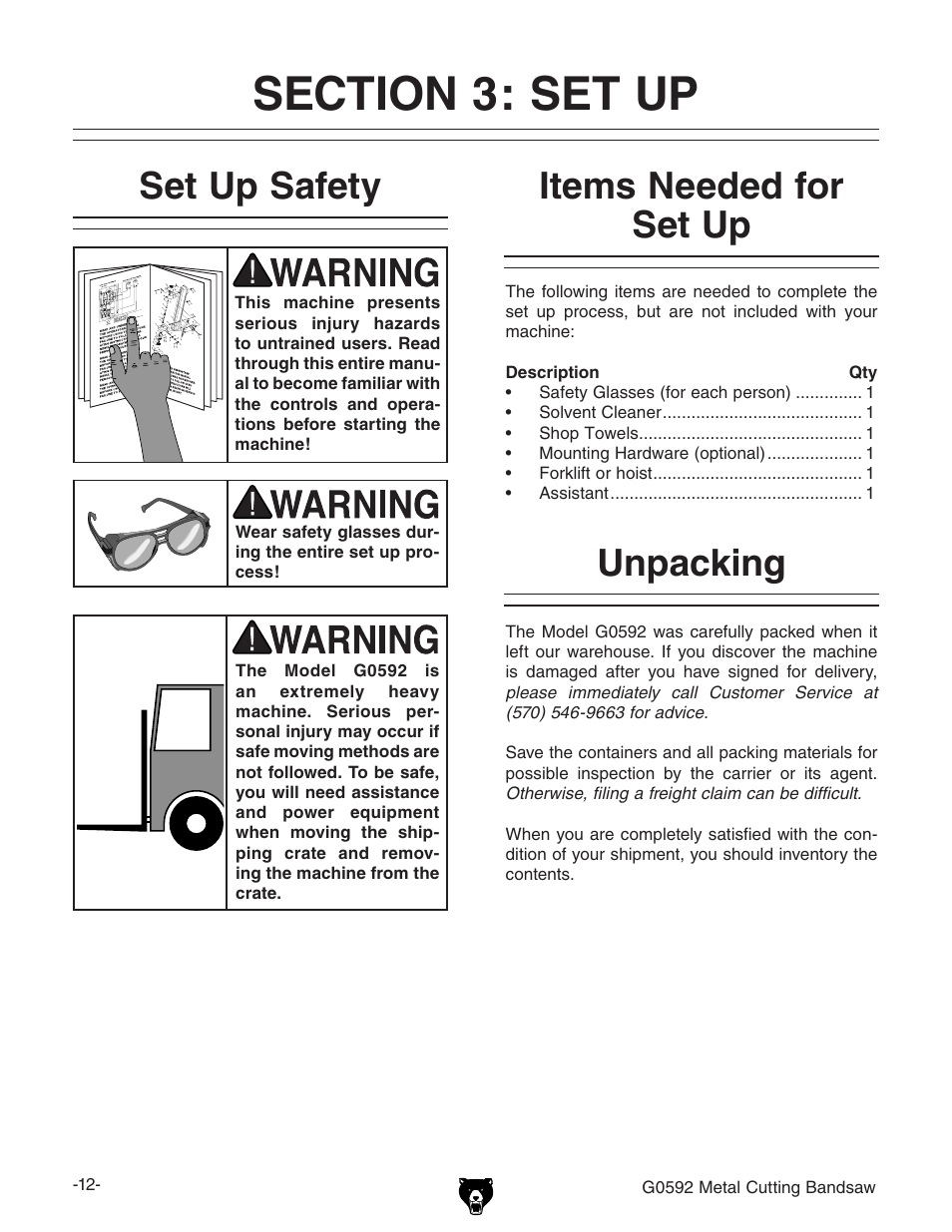 Unpacking set up safety, Items needed for set up | Grizzly G0592 User Manual | Page 14 / 60