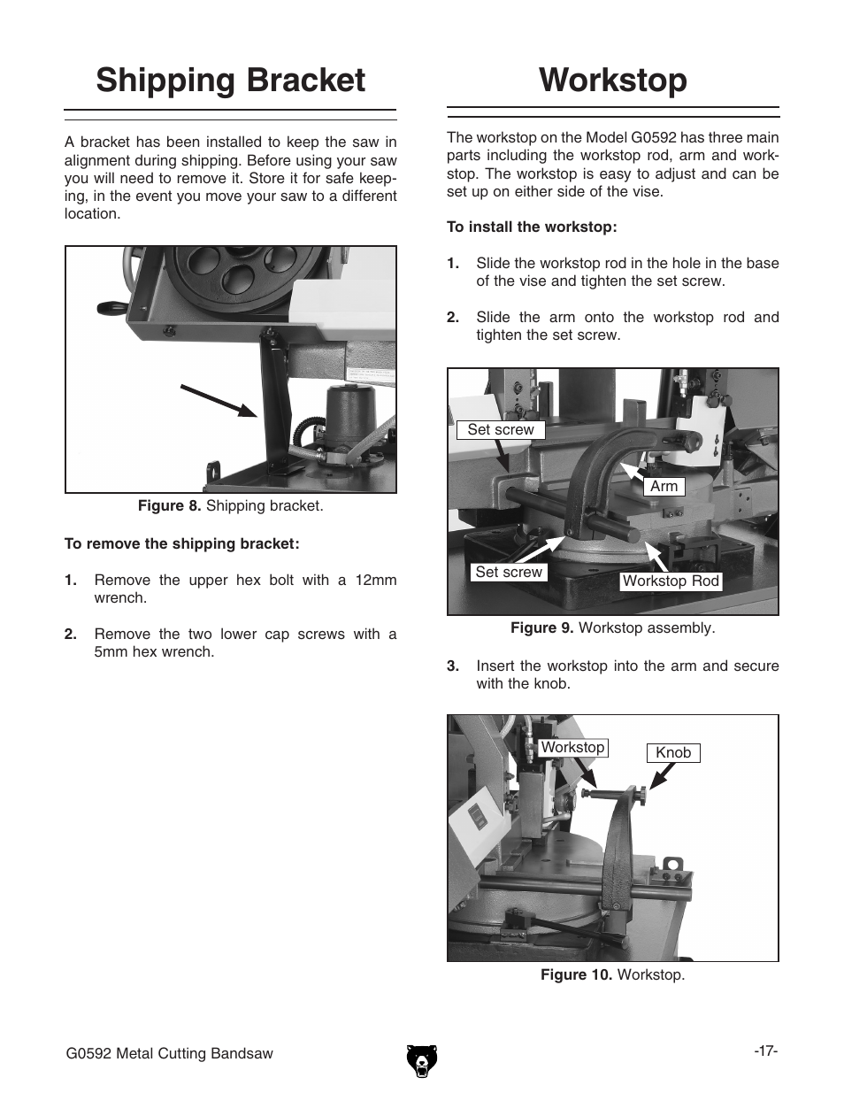 Shipping bracket workstop | Grizzly G0592 User Manual | Page 19 / 60