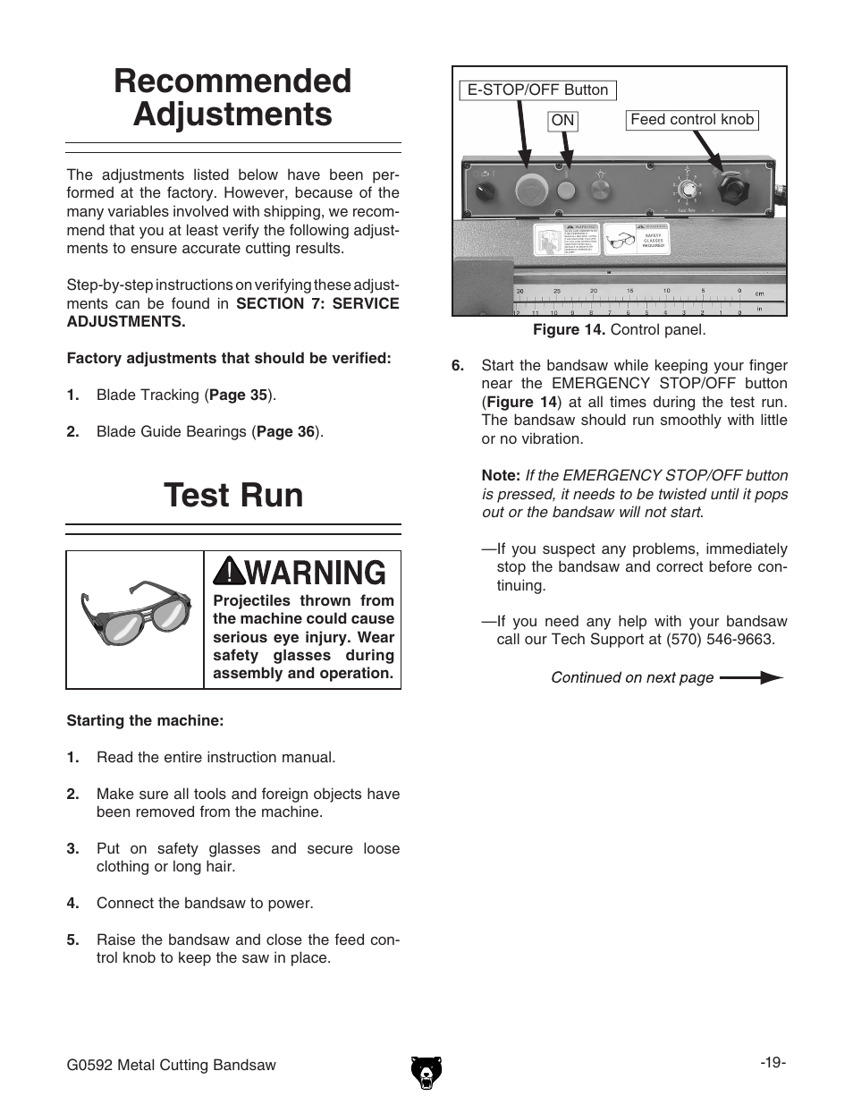 Recommended adjustments, Test run | Grizzly G0592 User Manual | Page 21 / 60