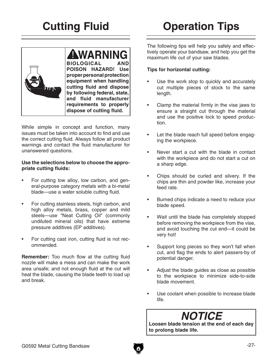 Operation tips notice, Cutting fluid | Grizzly G0592 User Manual | Page 29 / 60