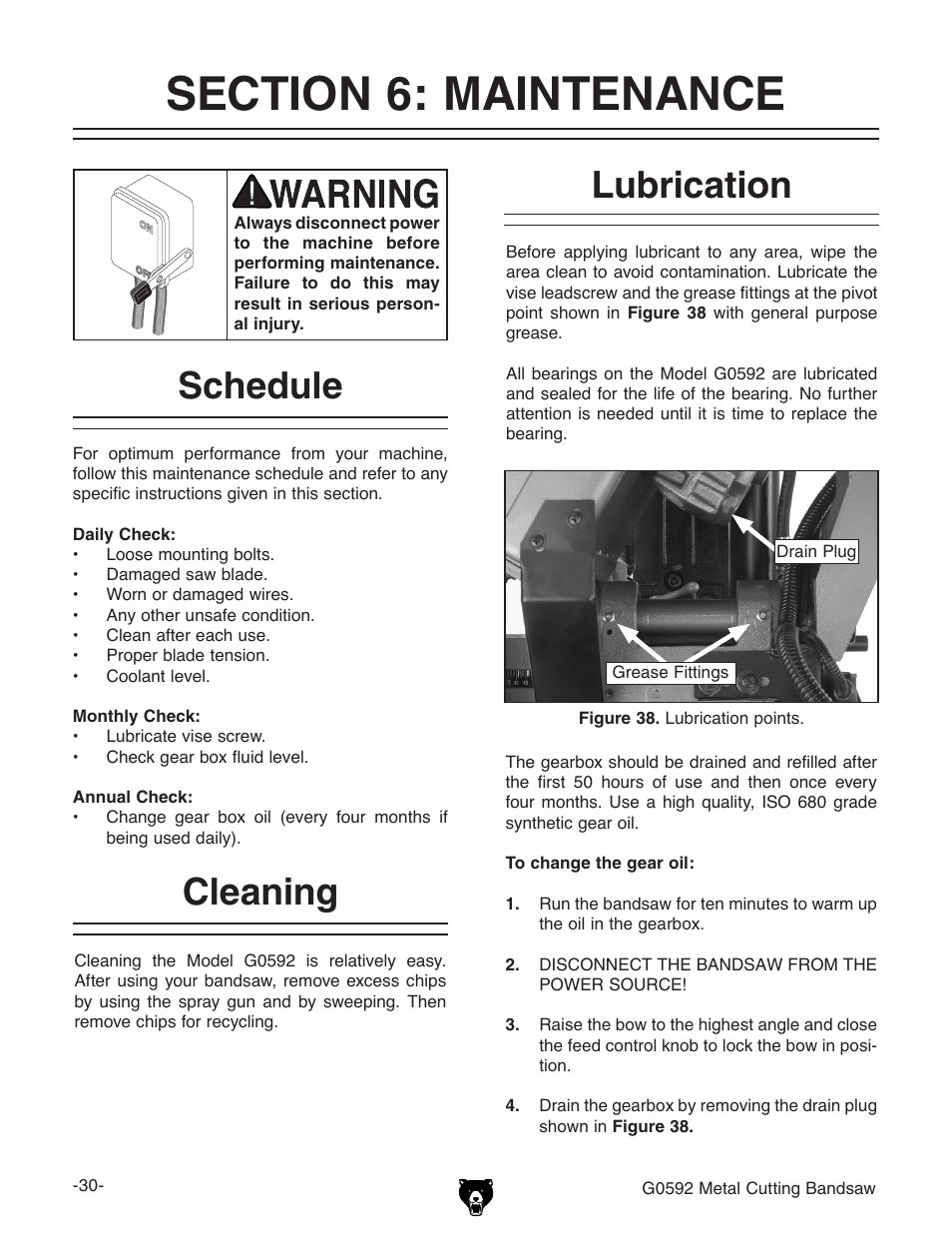 Lubrication, Cleaning, Schedule | Grizzly G0592 User Manual | Page 32 / 60