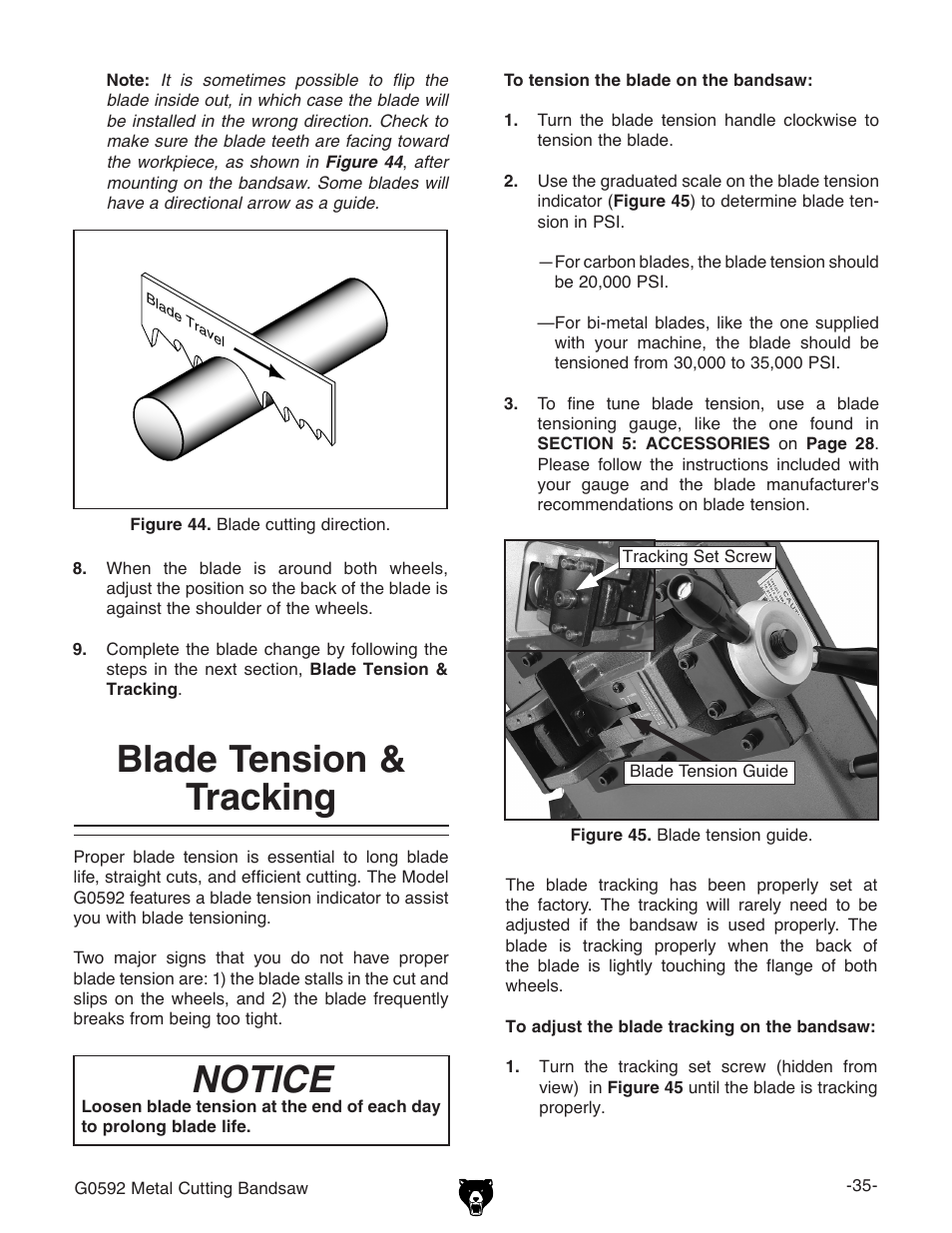 Blade tension & tracking, Notice | Grizzly G0592 User Manual | Page 37 / 60