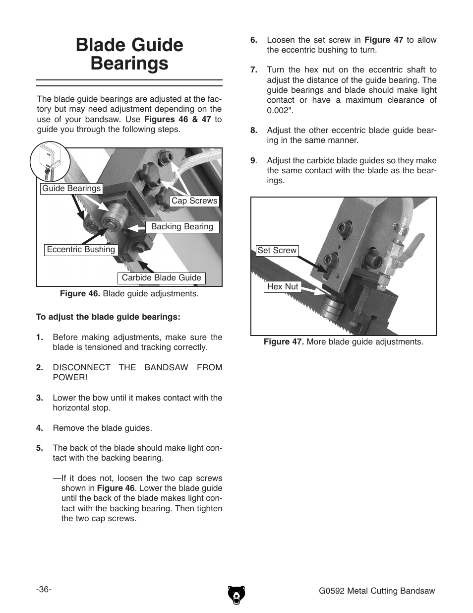 Blade guide bearings | Grizzly G0592 User Manual | Page 38 / 60