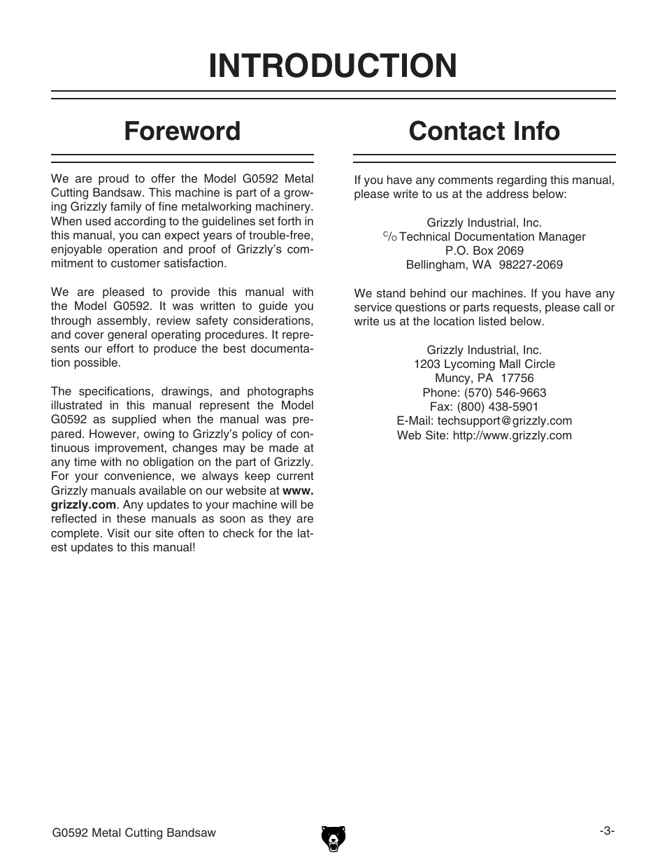 Introduction, Foreword, Contact info | Grizzly G0592 User Manual | Page 5 / 60