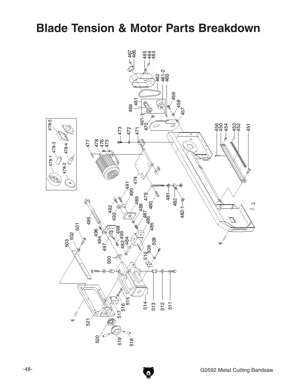 Blade tension & motor parts breakdown | Grizzly G0592 User Manual | Page 50 / 60