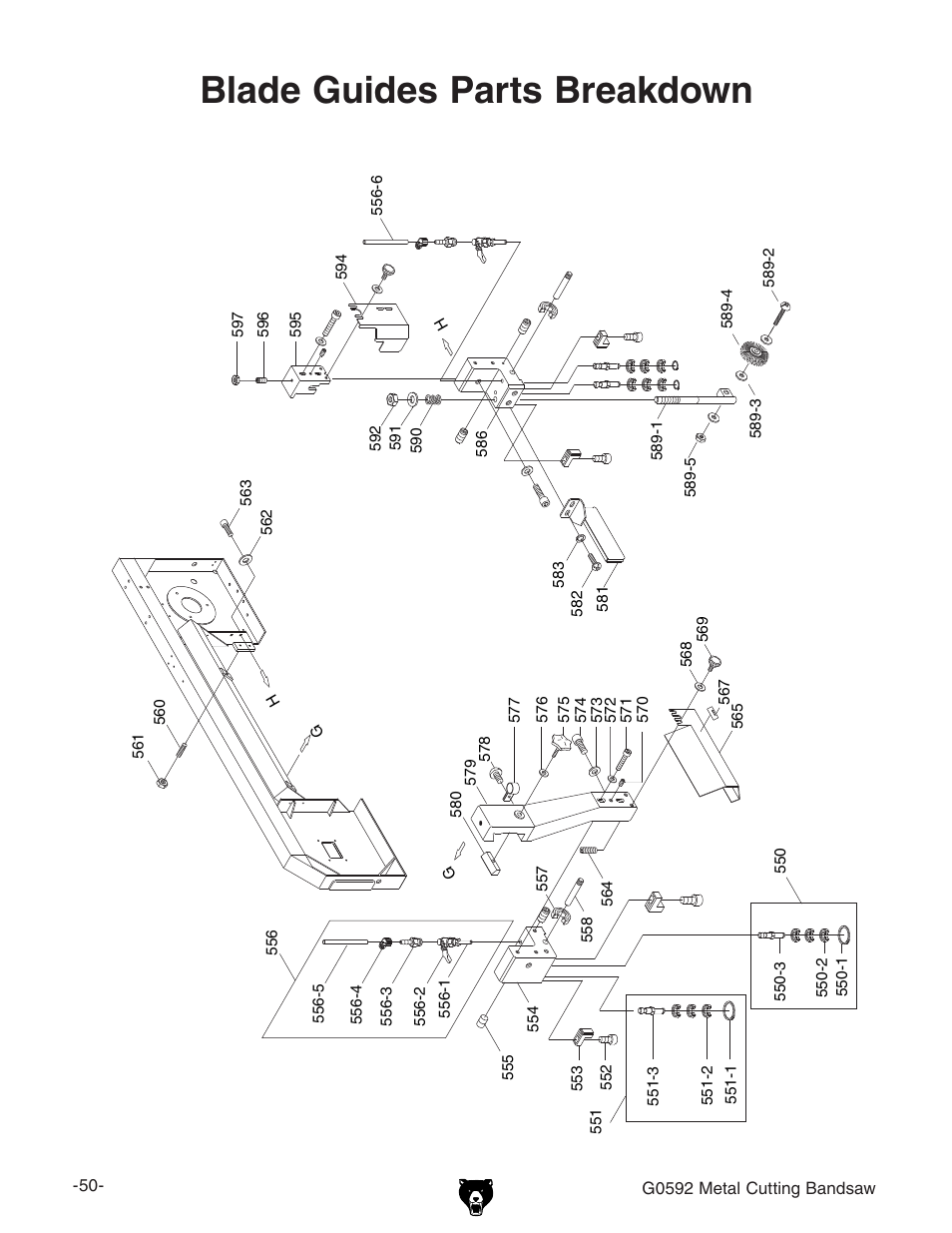 Blade guides parts breakdown | Grizzly G0592 User Manual | Page 52 / 60