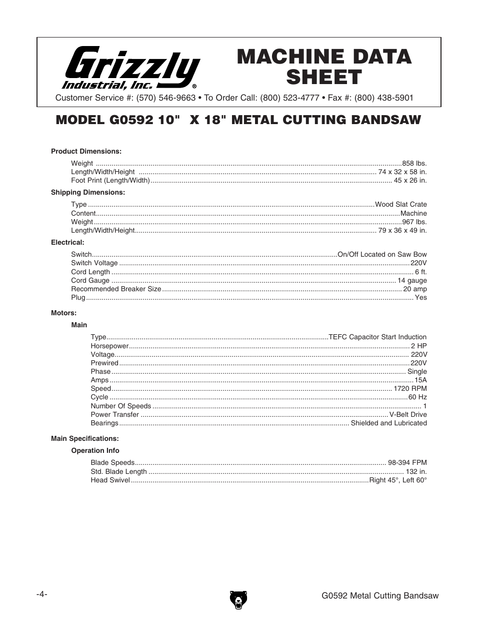 Machine data sheet | Grizzly G0592 User Manual | Page 6 / 60