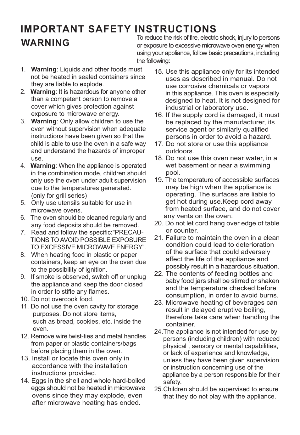 Important safety instructions, Warning | Elenberg MG-2037D User Manual | Page 17 / 27