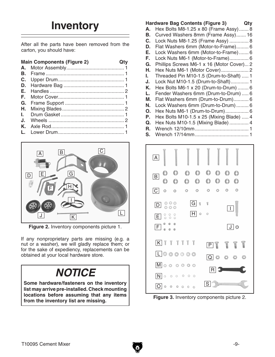 Inventory, Notice | Grizzly Low Profile Cement T10095 User Manual | Page 11 / 24