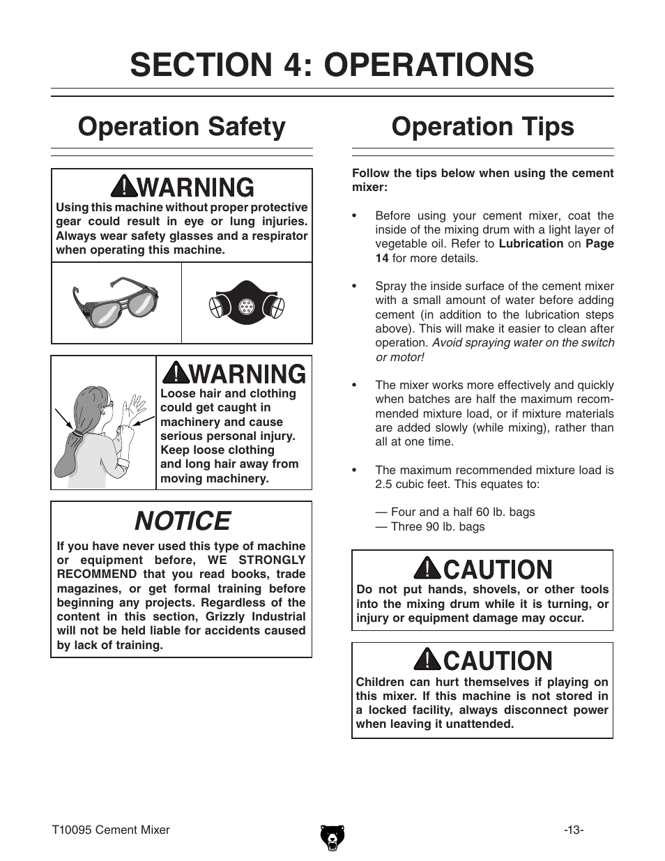 Operation tips, Operation safety notice | Grizzly Low Profile Cement T10095 User Manual | Page 15 / 24
