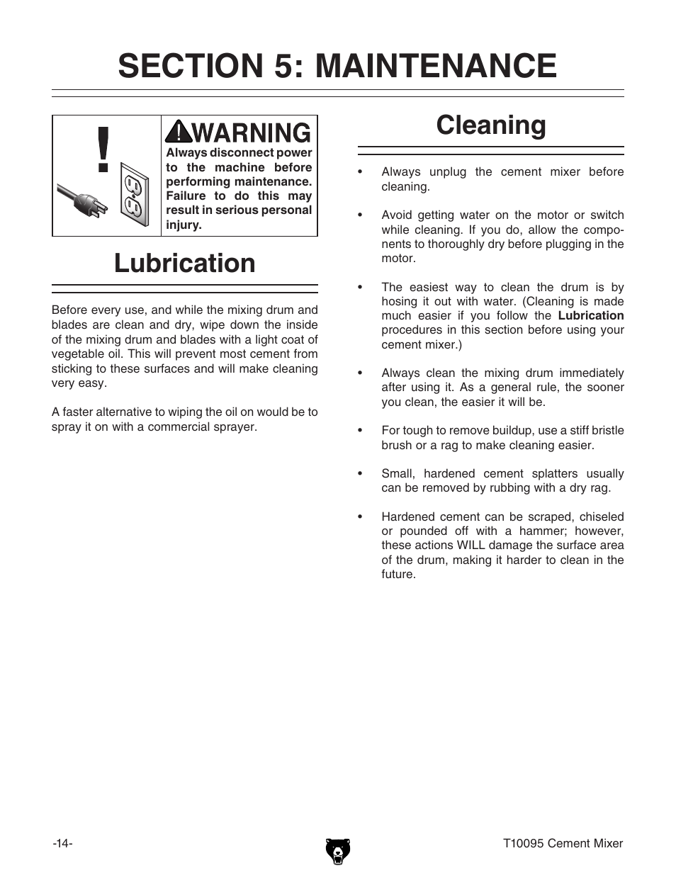 Cleaning, Lubrication | Grizzly Low Profile Cement T10095 User Manual | Page 16 / 24