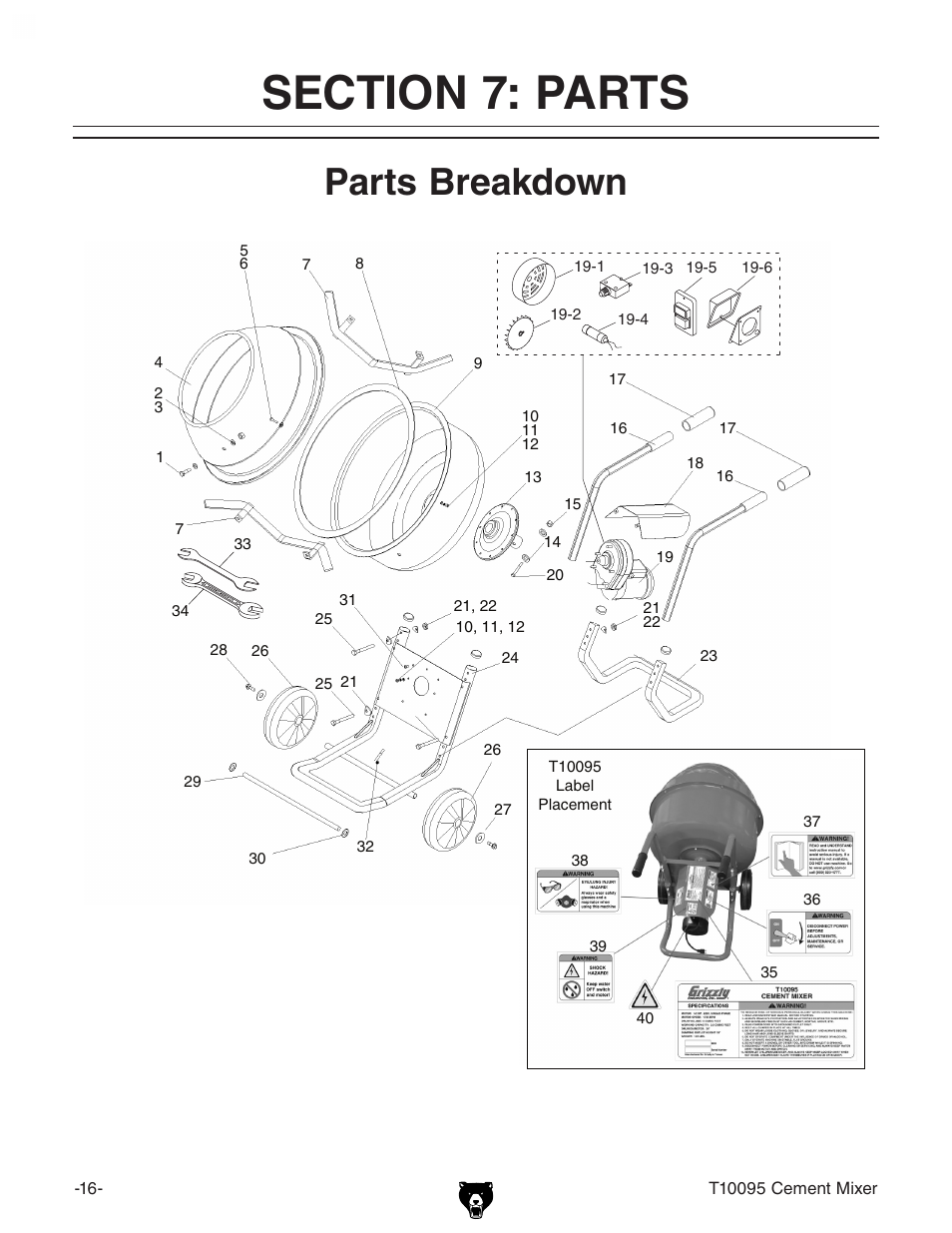 Parts breakdown | Grizzly Low Profile Cement T10095 User Manual | Page 18 / 24