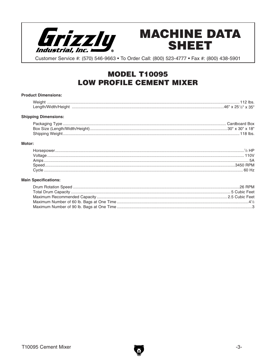 Machine data sheet | Grizzly Low Profile Cement T10095 User Manual | Page 5 / 24