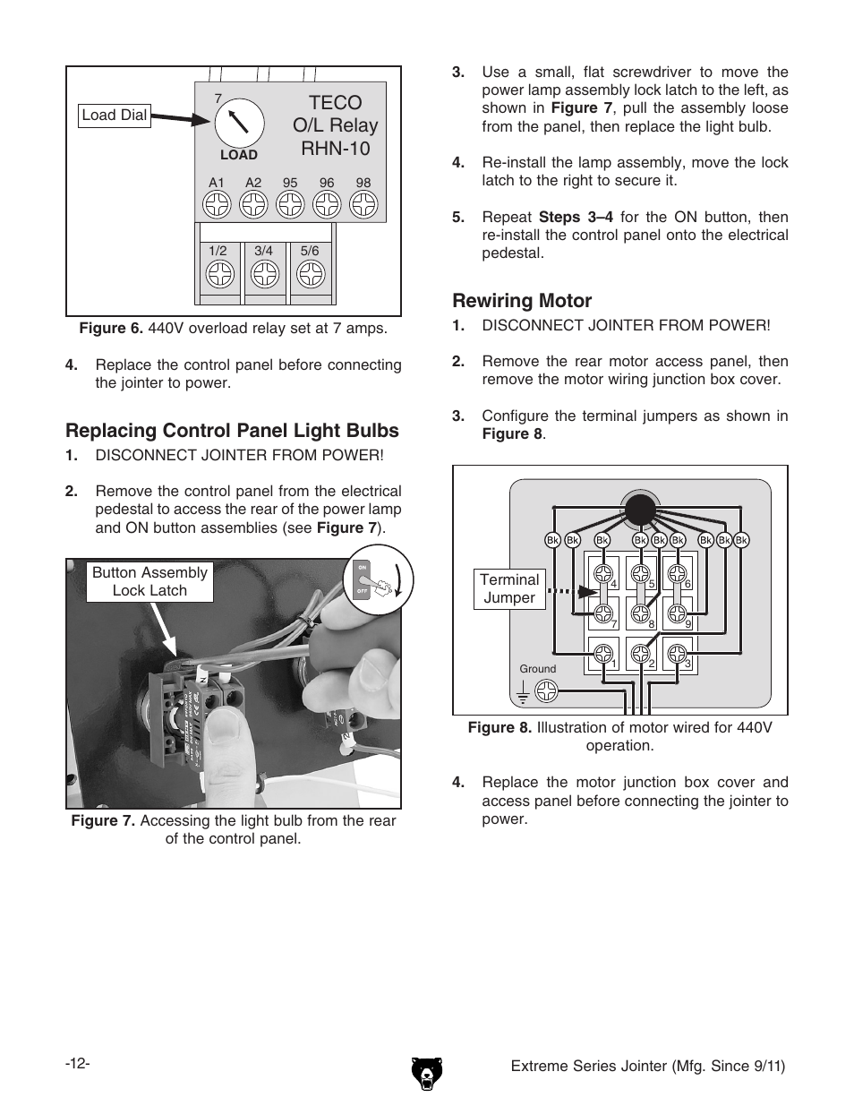 I:8d d$agzavn g=c, Replacing control panel light bulbs, Rewiring motor | Grizzly Extren Series Jointer g9860 User Manual | Page 14 / 76