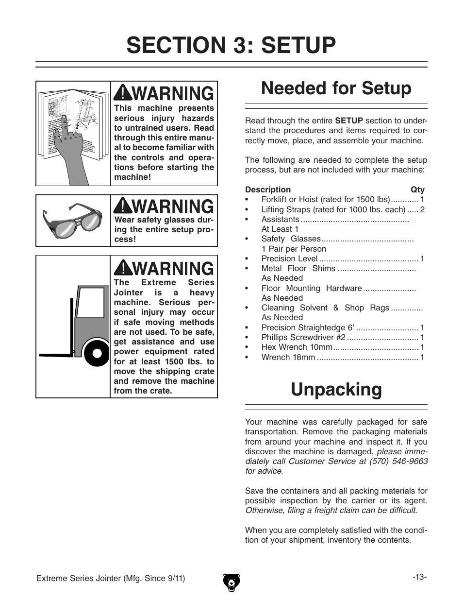 Needed for setup, Unpacking | Grizzly Extren Series Jointer g9860 User Manual | Page 15 / 76