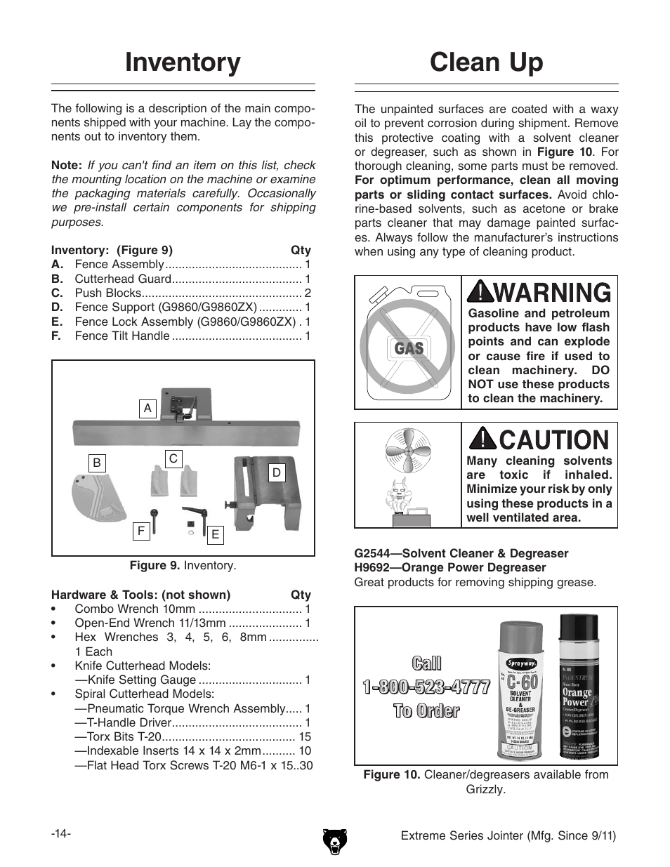 Inventory, Clean up | Grizzly Extren Series Jointer g9860 User Manual | Page 16 / 76